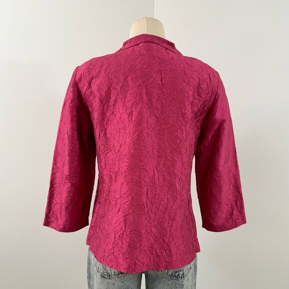 Eileen Fisher Crinkle Silk Blazer Jacket Hot Pink Button-Down 3/4 Sleeve | Small - Picture 5 of 11